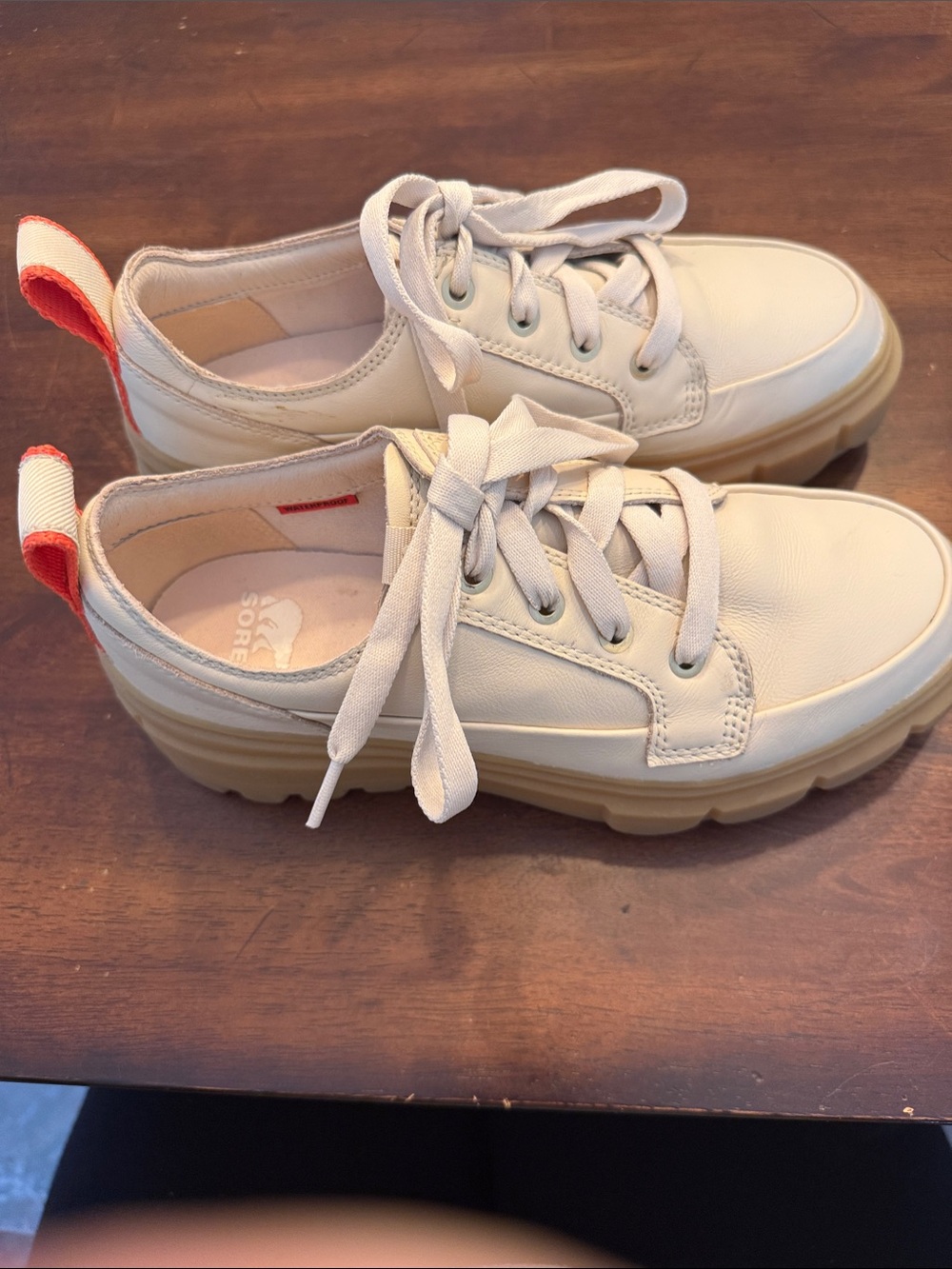 Sorel Cream Leather Platform Sneakers with Coral Heel Tabs
